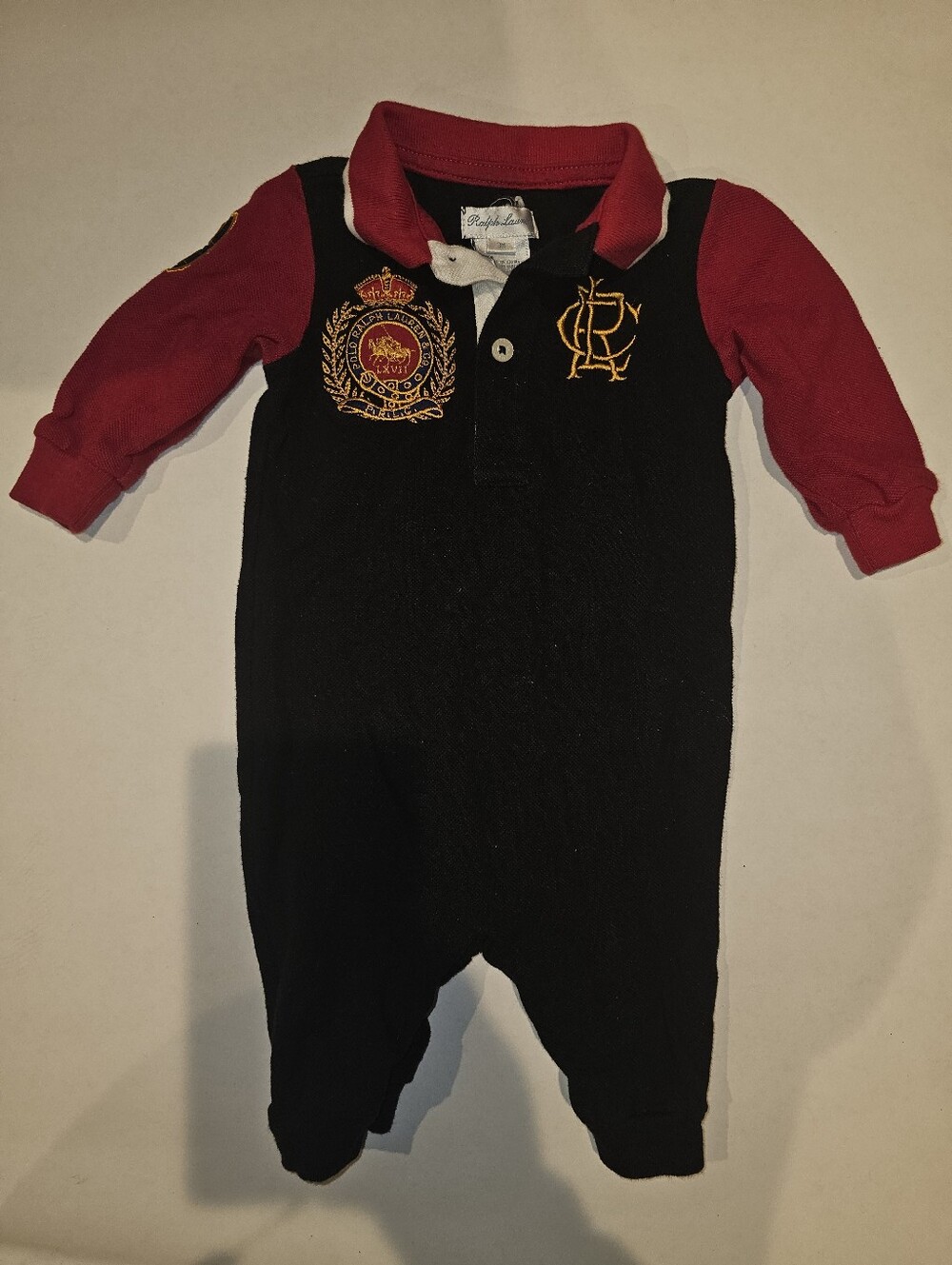 Good | 18M | Ralph Lauren | Black Red Polo Crest Long Sleeve Romper